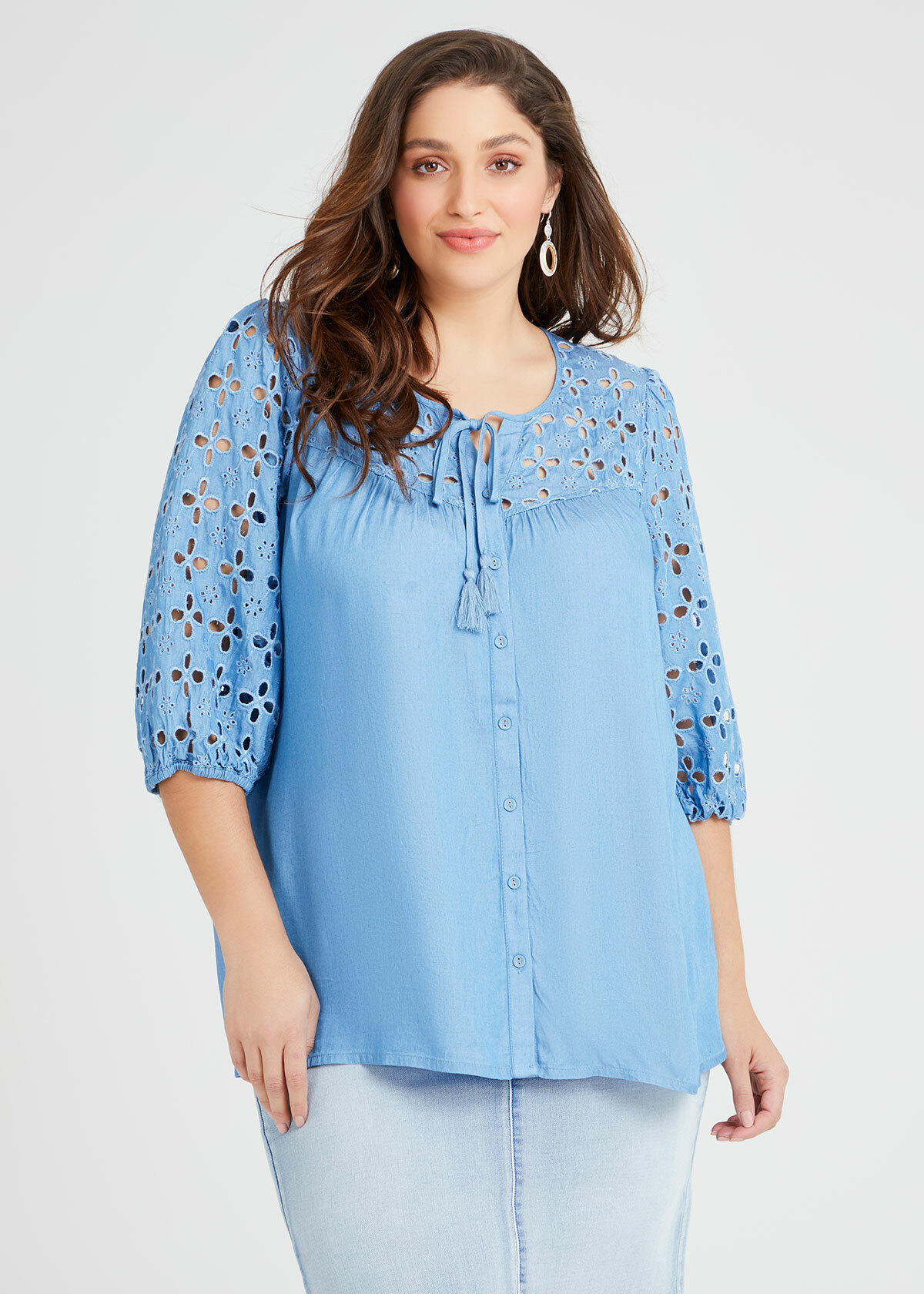 Shop Plus Size Chambray Broderie Tie Neck Top in Blue | Taking Shape AU