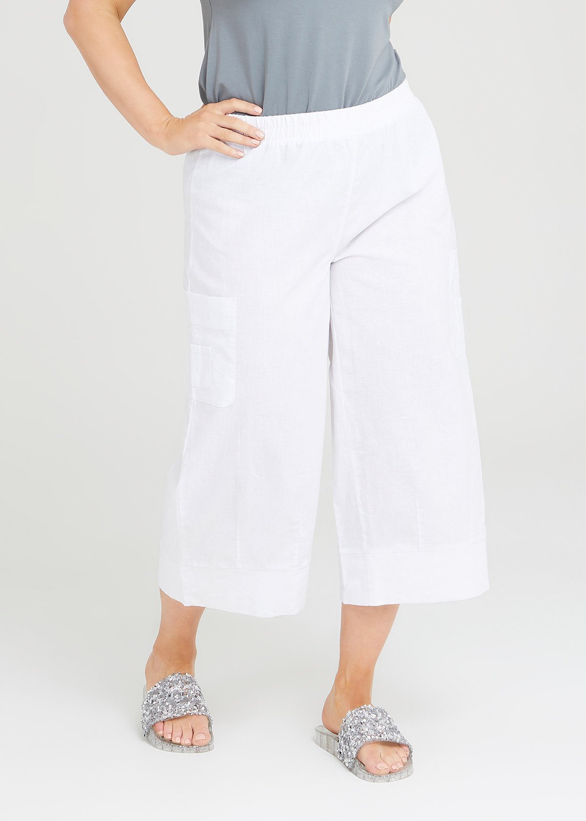 Shop Plus Size Linen Blend Pocket Crop Pant in White Taking Shape AU