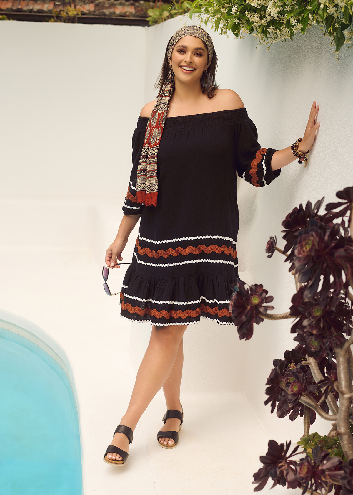 Shop Plus Size Cotton Ric Rac Dress in Black Taking Shape UK