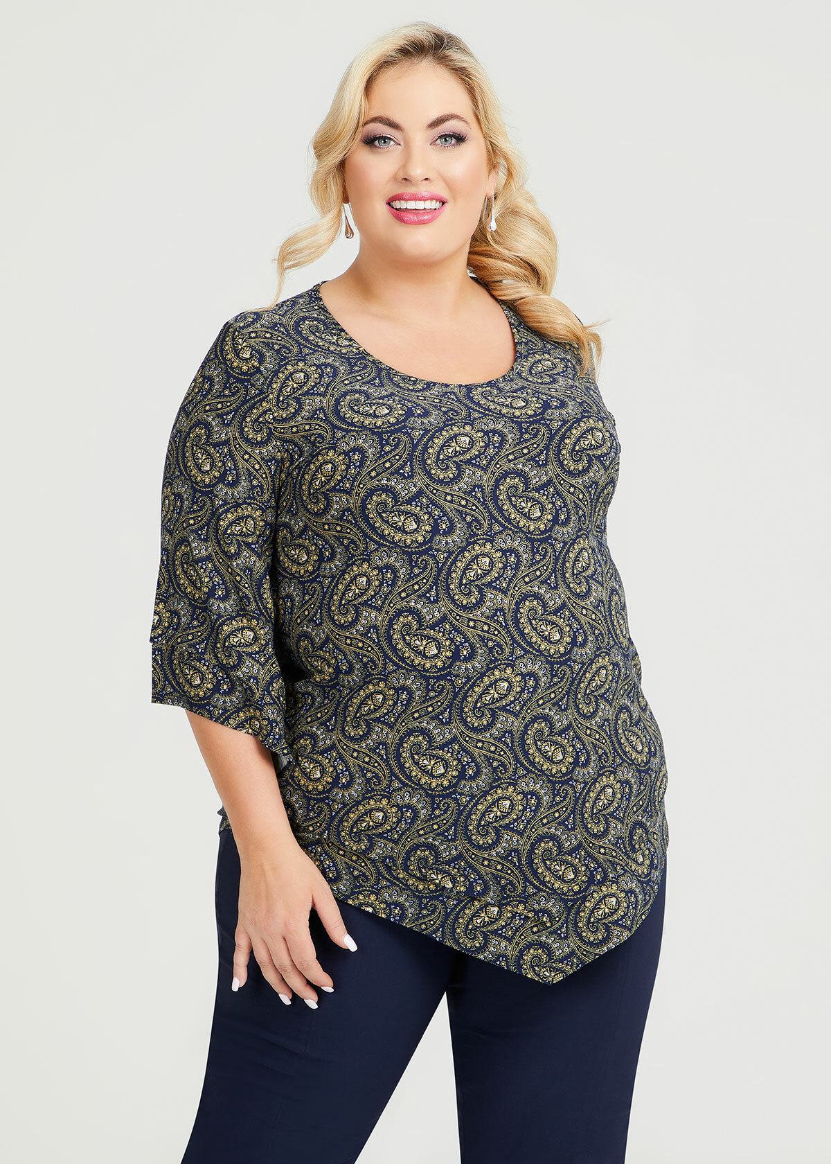 Shop Plus Size Paisley Bell Sleeve Tunic in Blue | Sizes 12-30