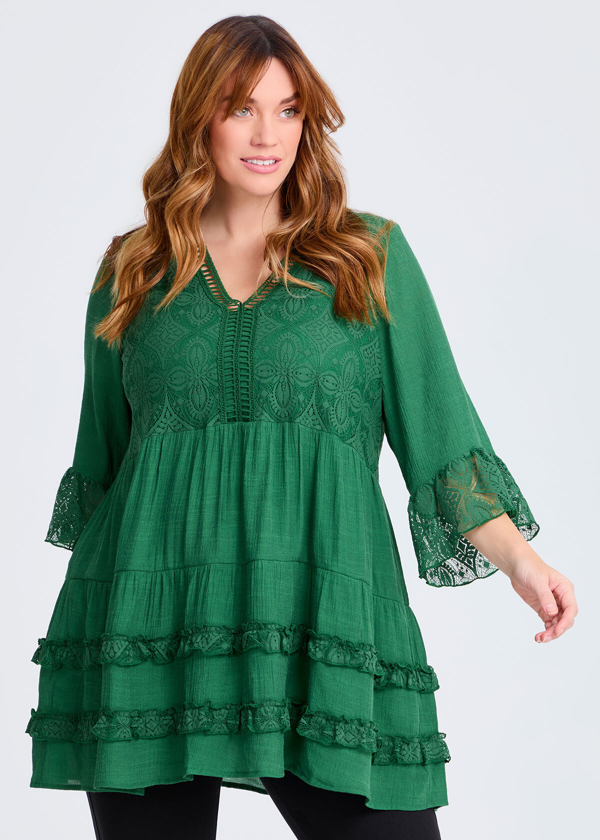 Shop Plus Size Lace Trim Tiered V-neck Tunic, Green | Taking Shape AU