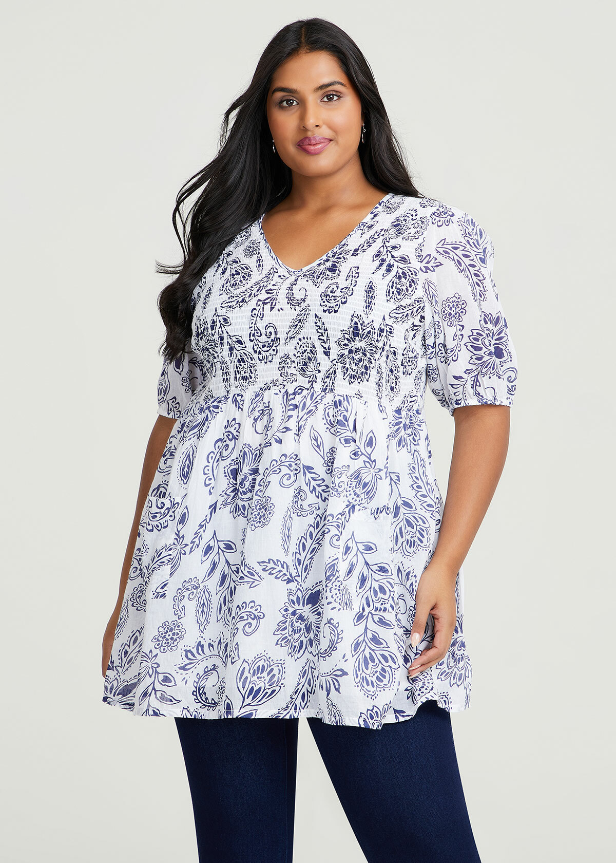 Shop Plus Size Cotton Print Shirred Tunic in White | Sizes 12-30 ...