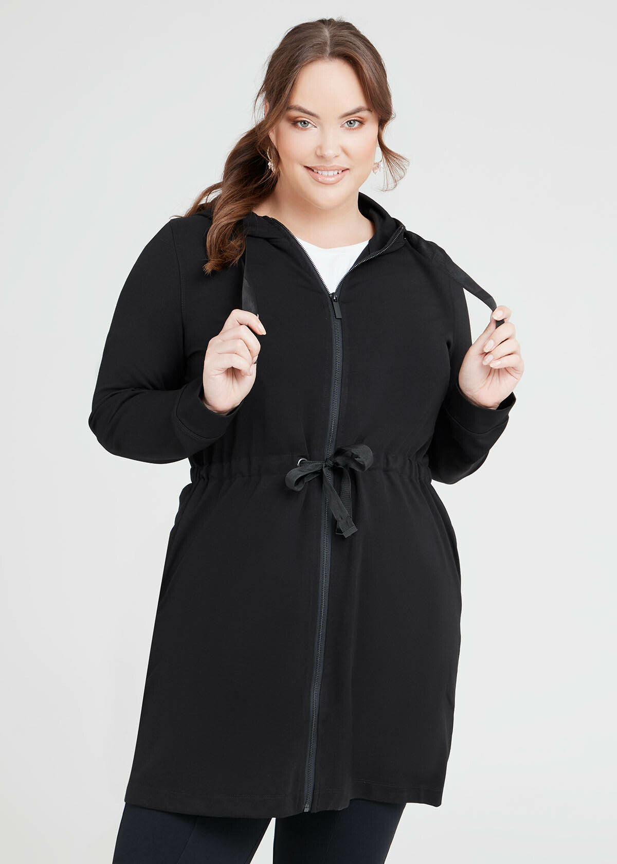 Shop Plus Size Bamboo Ponte Hooded Long Jacket in Black | Sizes 12-30 ...