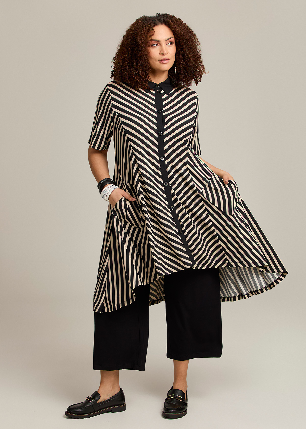 Taking Shape Chevron Stripe Fit & Flare Shirt Size 22 in Black Beige Stripe - Plus Size Women's