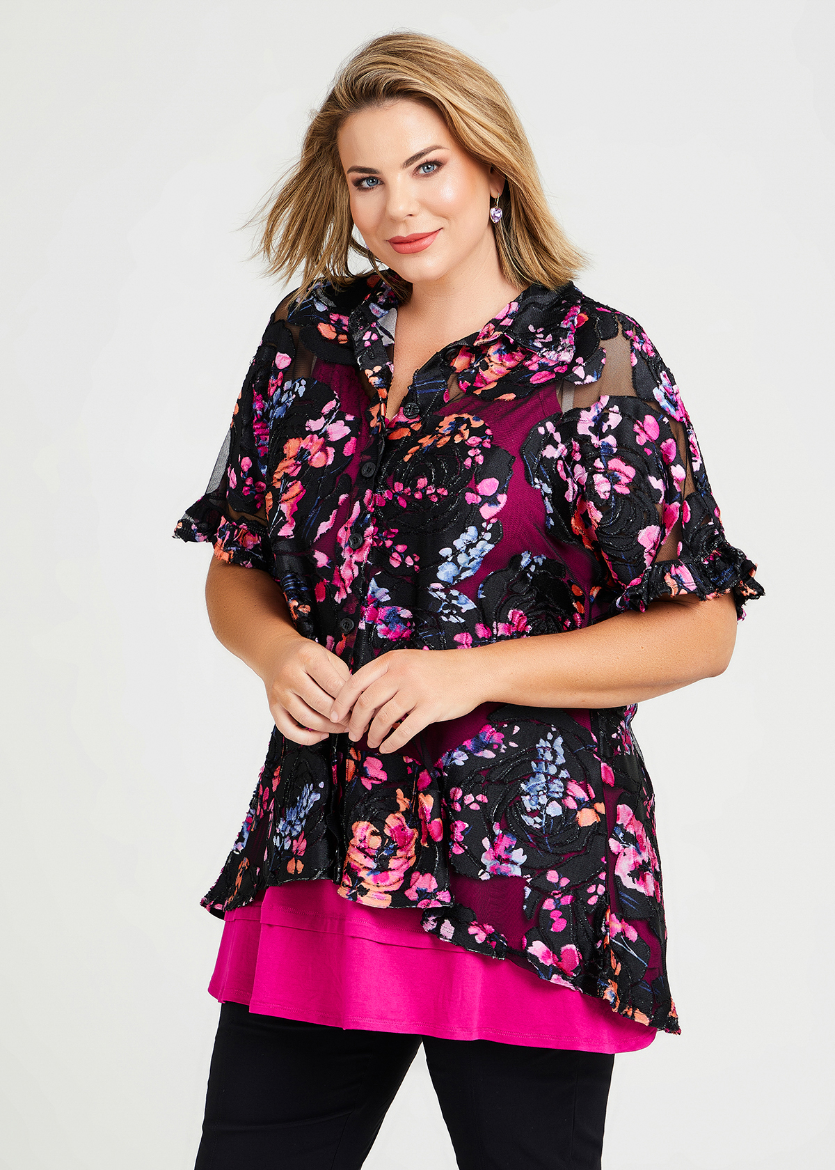 Shop Plus Size Blossom Satin Mesh Over Top in Multi | Taking Shape AU