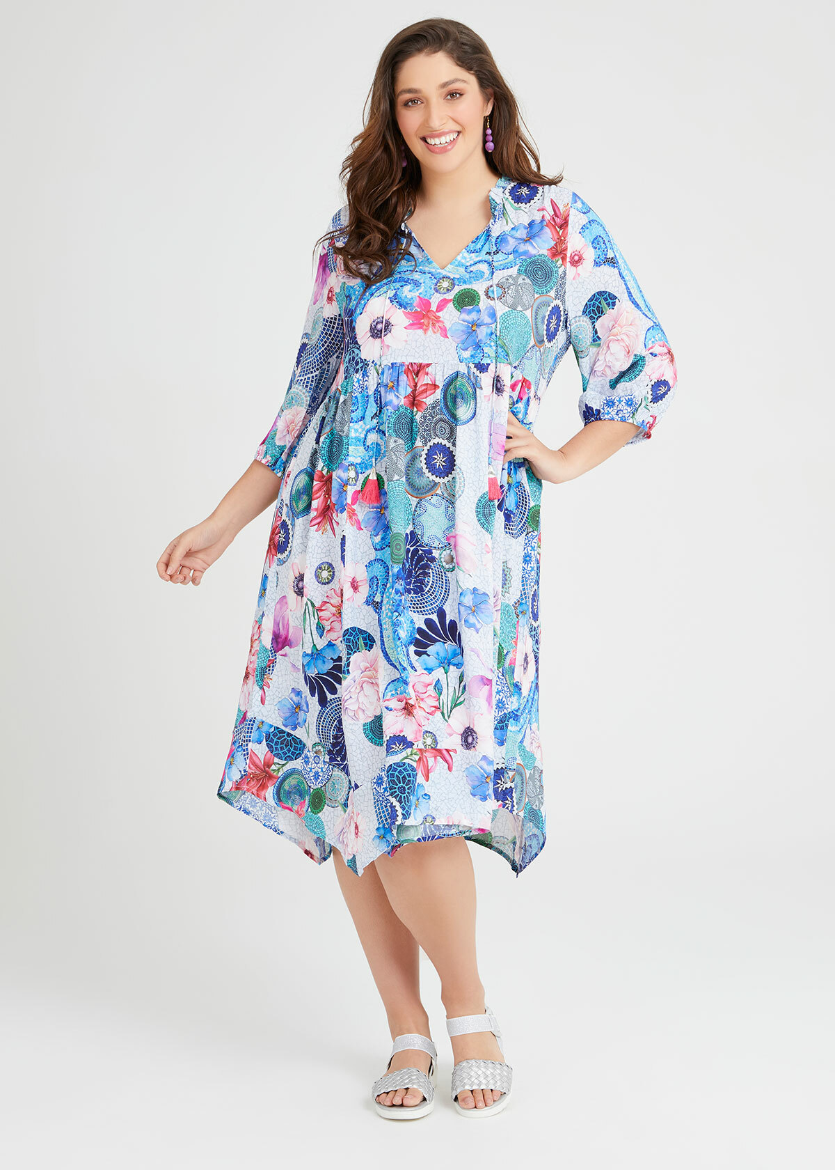 Shop Plus Size Natural Tiled Hanky Hem Dress in Print | Taking Shape AU