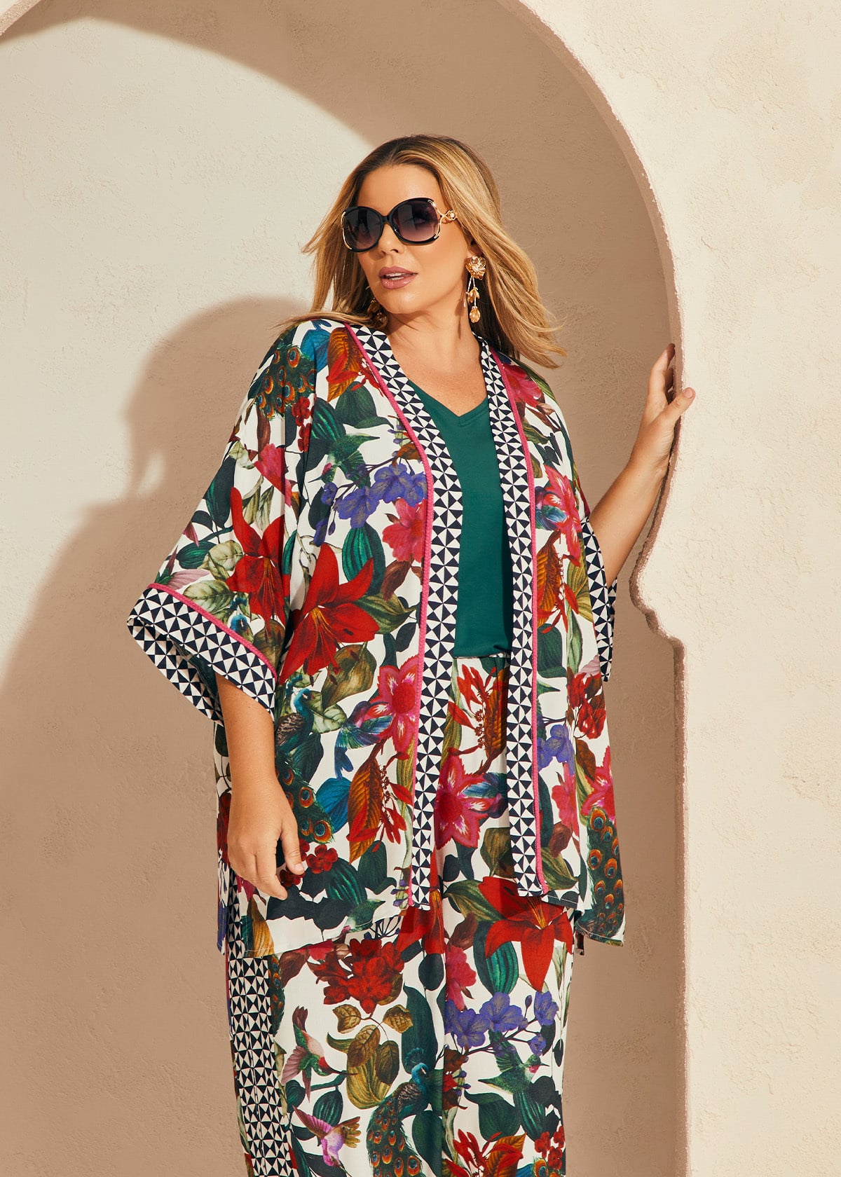 NATURAL GEO PRINT MID SLEEVE KIMONO