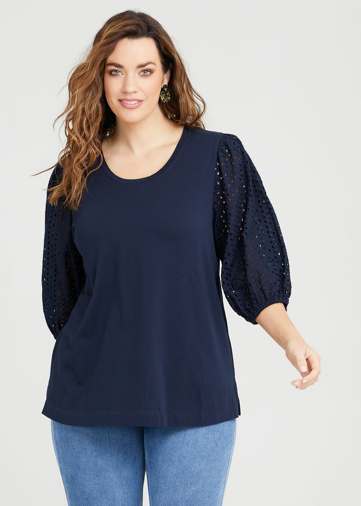 Shop Plus Size Organic Broderie 3/4 Sleeve Top in Blue | Taking Shape AU