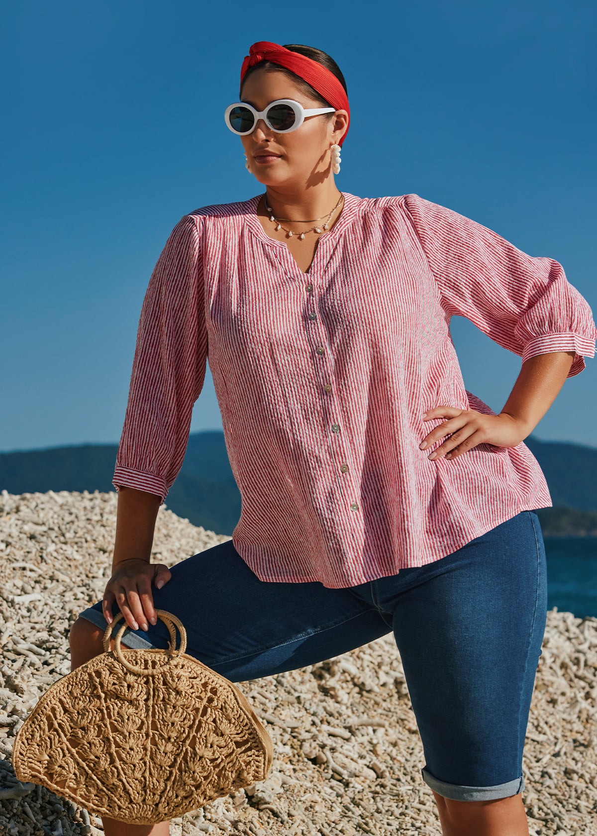 Taking Shape Cotton Stripe Button Top Size 22 in Racing RED / White - Plus Size Women's Tops & T Shirts