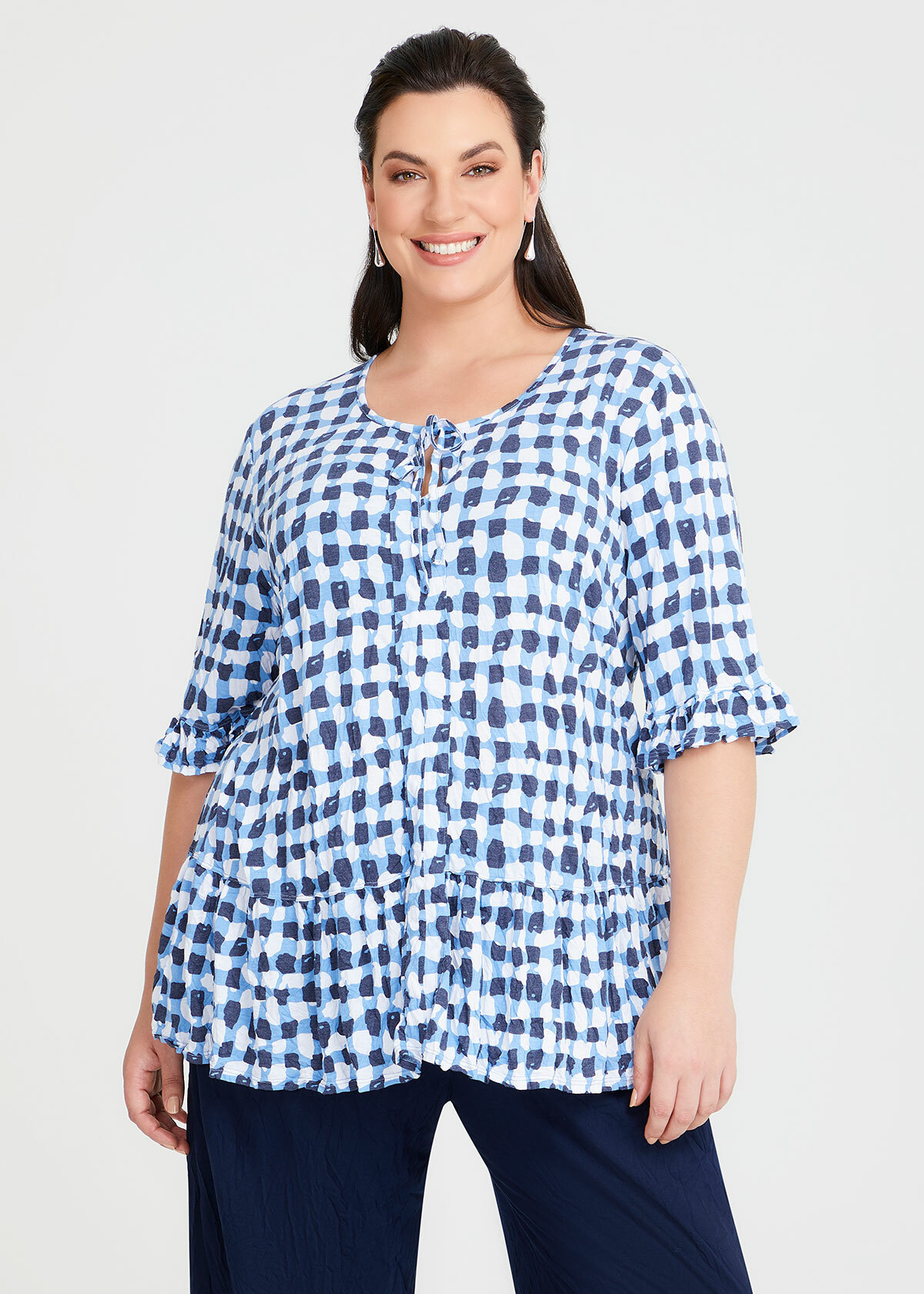 Shop Plus Size Bamboo Multi Geo Check Top in Blue | Taking Shape AU