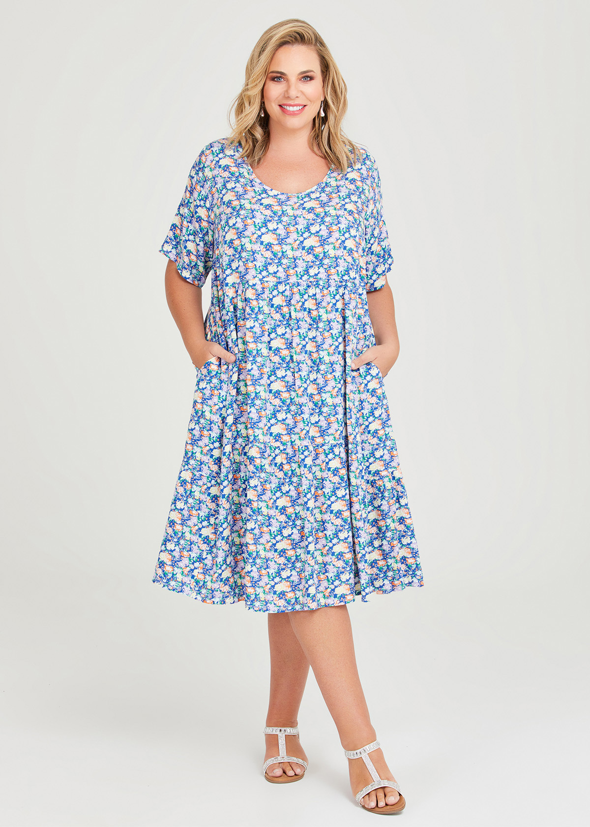 Shop Plus Size Ditsy Floral Midi Tier Dress in Blue | Sizes 12-30 ...