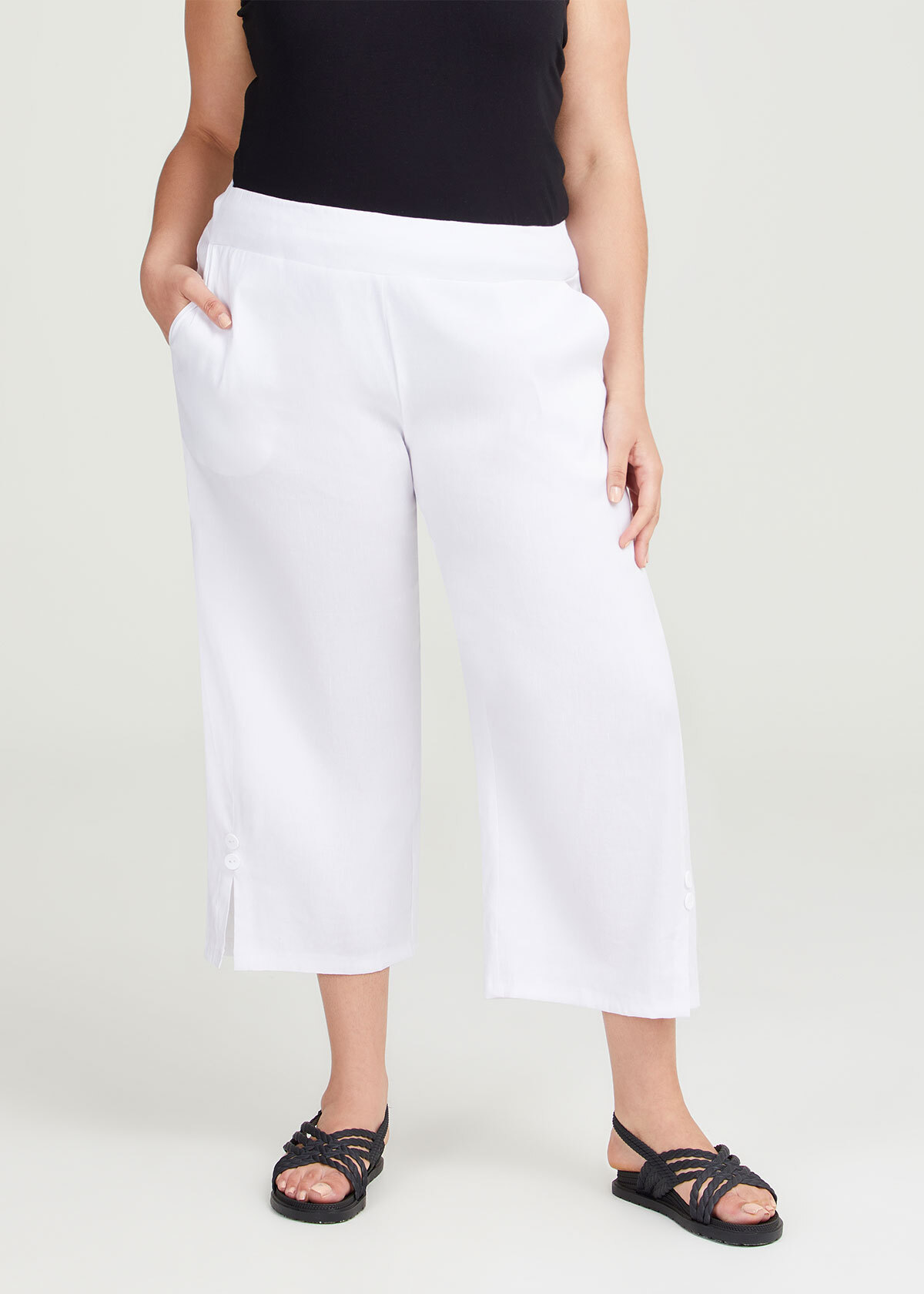Shop Plus Size Stretch Linen Foundation Crop Pant in White | Taking ...