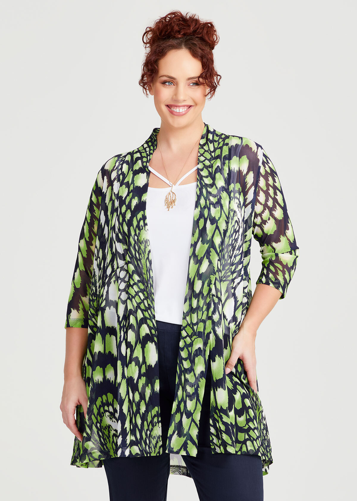 Shop Plus Size Tie Front Mesh Cardigan, Print | Taking Shape NZ