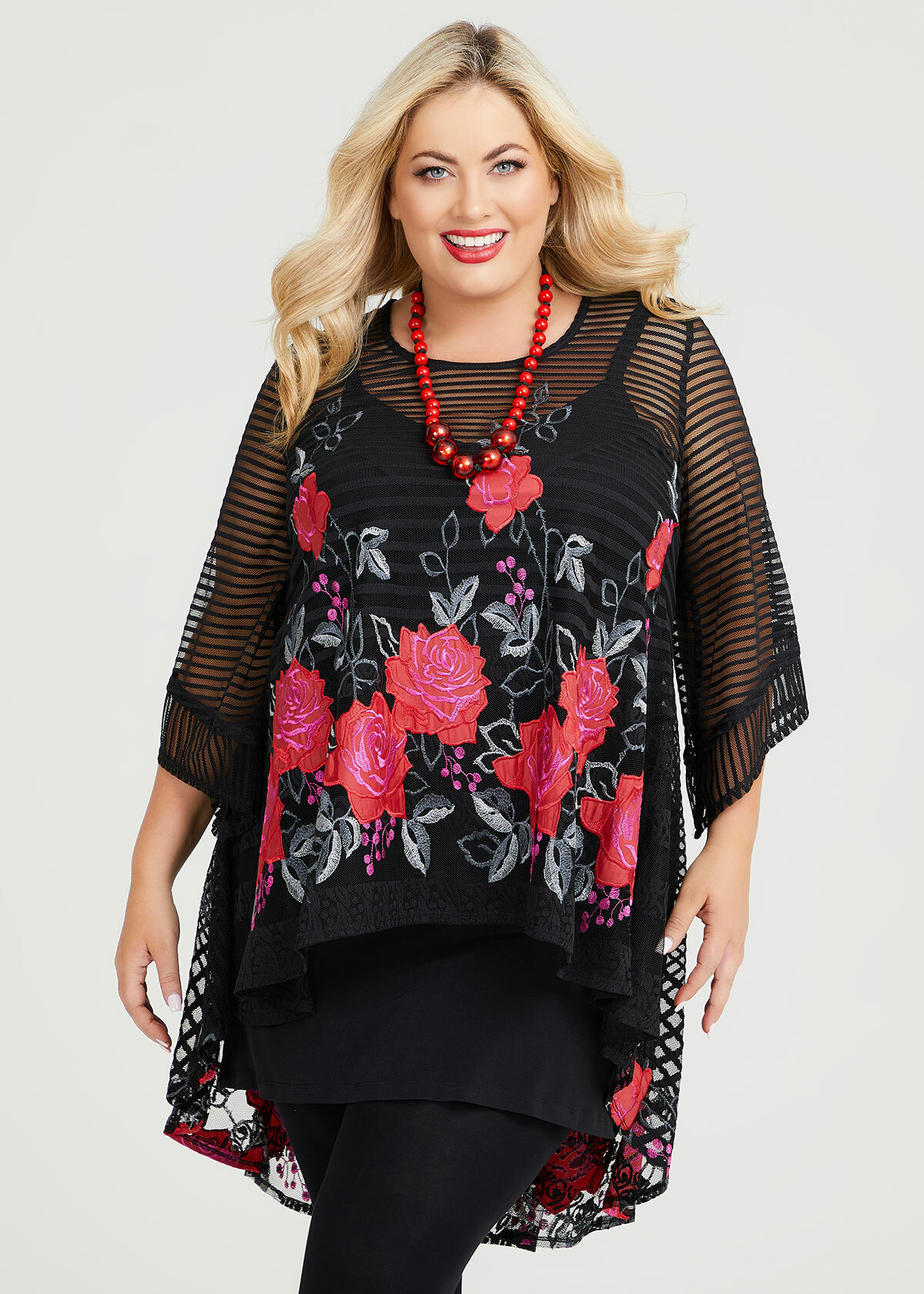 Shop Plus Size Applique Stripe Mesh Tunic in Red | Taking Shape AU