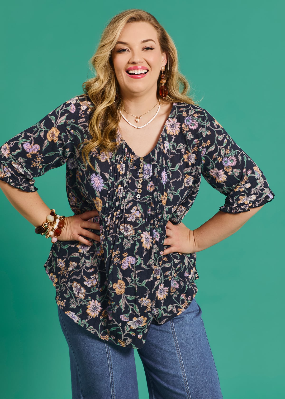 Taking Shape Cotton Elbow Sleeve Pintuck Top Size 10 in - Plus Size Women's Tops & T Shirts