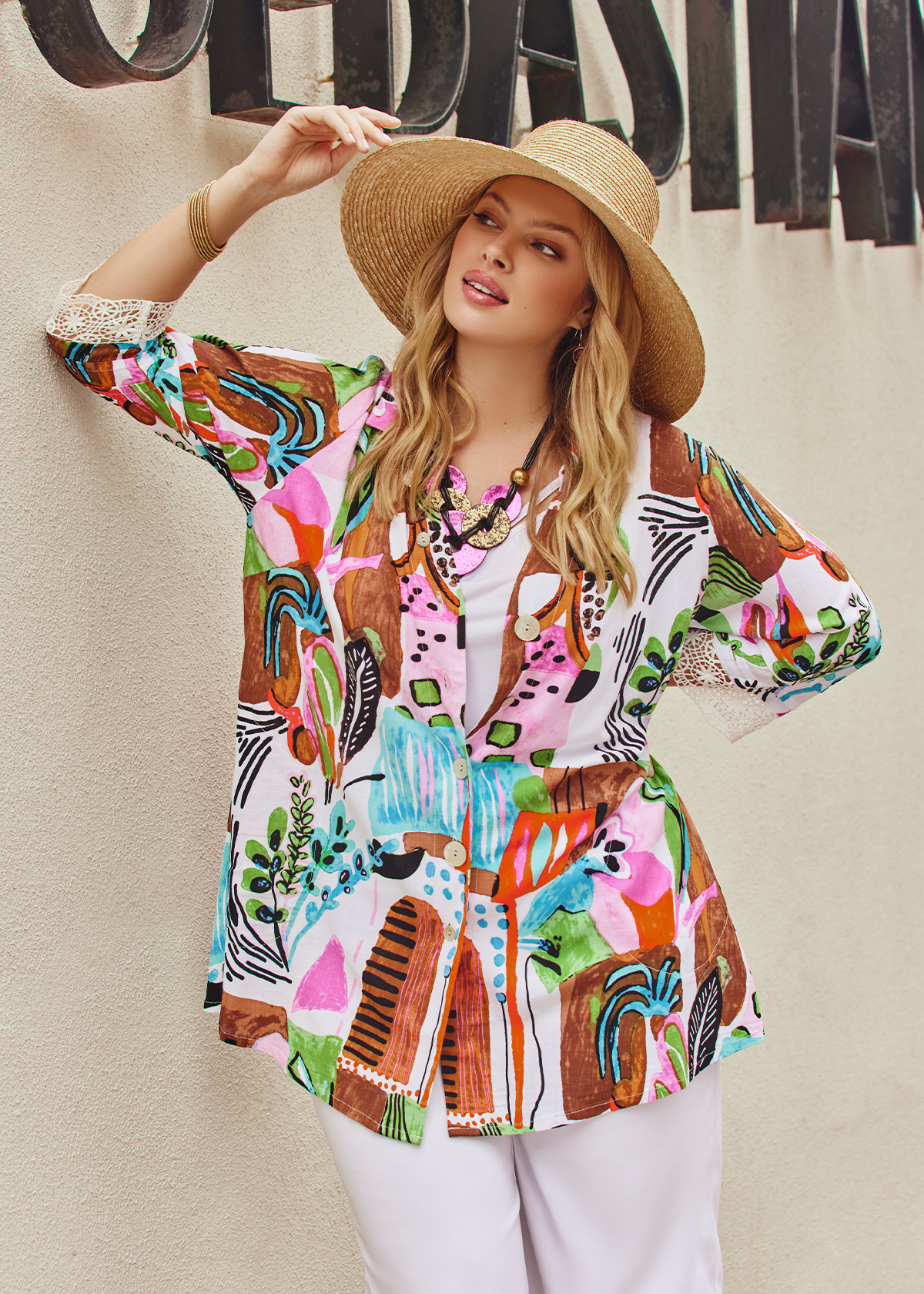 Shop Plus Size Island Postcards Natural Shirt in Multi | Taking