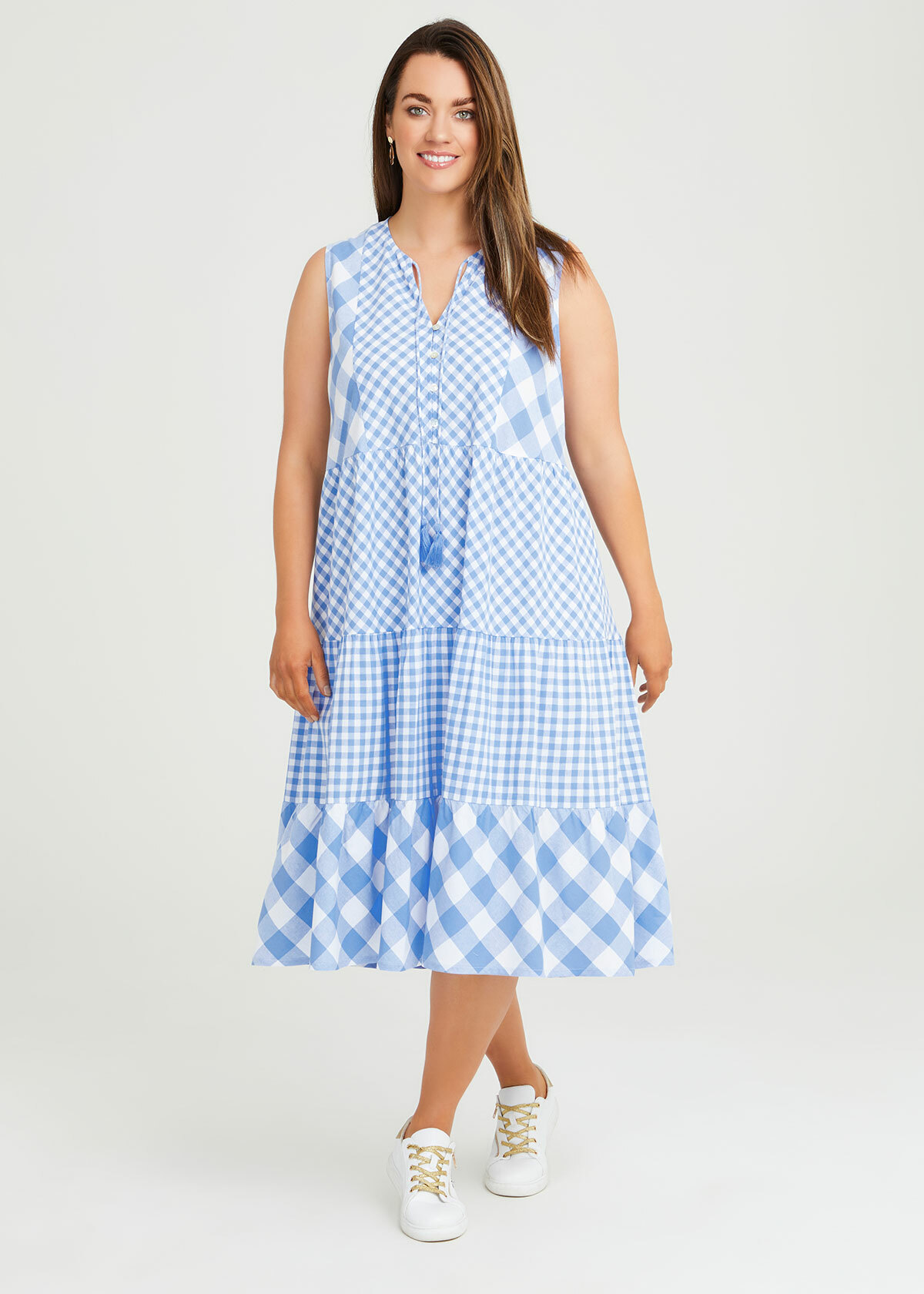 Shop Cotton Gingham Sleeveless Dress in Blue, Sizes 12-30 | Taking Shape AU
