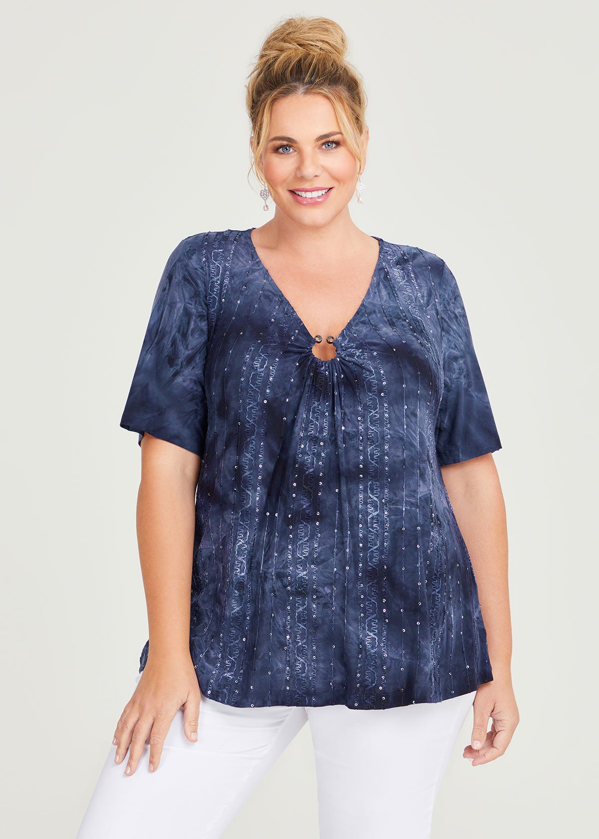 Shop Plus Size Sequin Tie Dye Peplum Top in Blue | Taking Shape AU