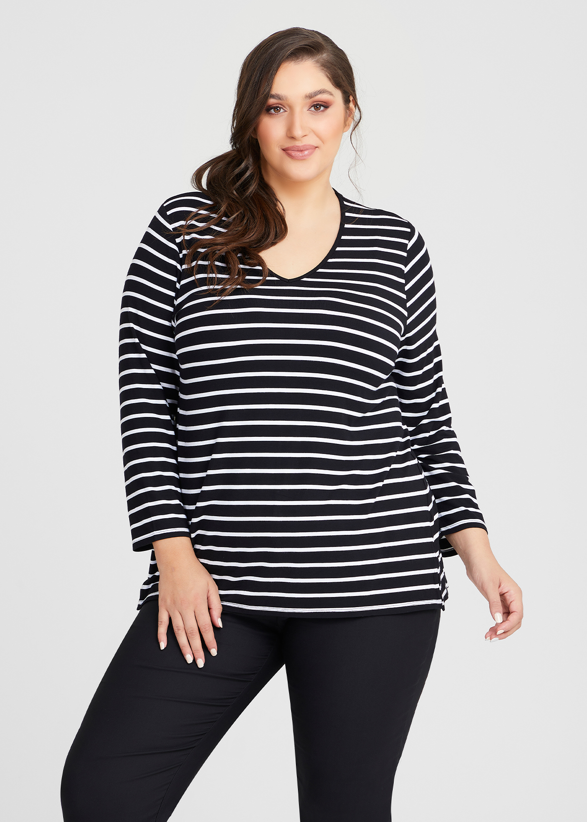 Shop Plus Size Bamboo Stripe V-neck Long Sleeve Day Top in Black ...