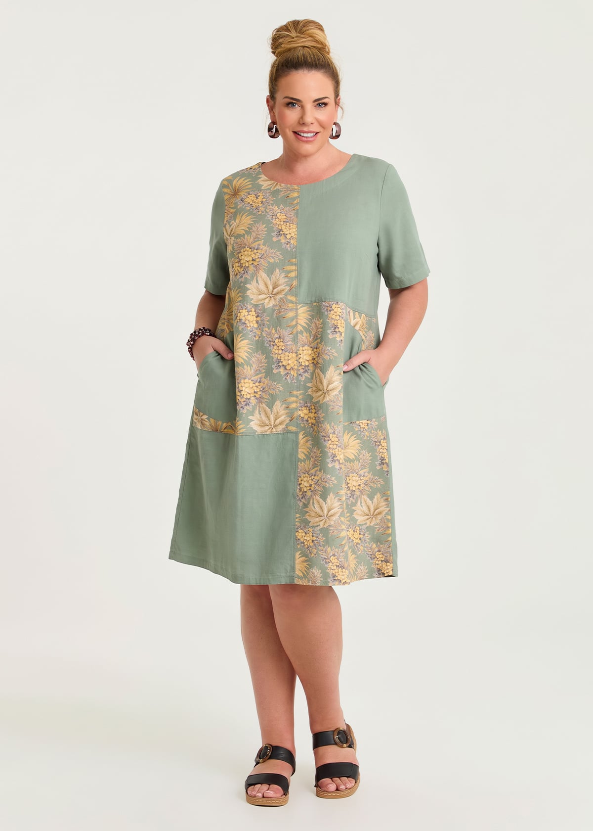 Taking Shape Cotton Linen Spliced Dress Size 20 in Print - Plus Size Women's Dresses
