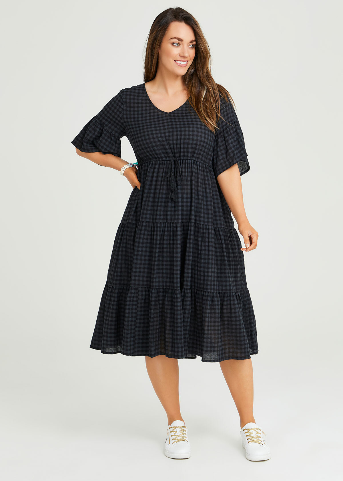 Shop Plus Size Cotton Gingham Tiered Dress in Black | Taking Shape AU