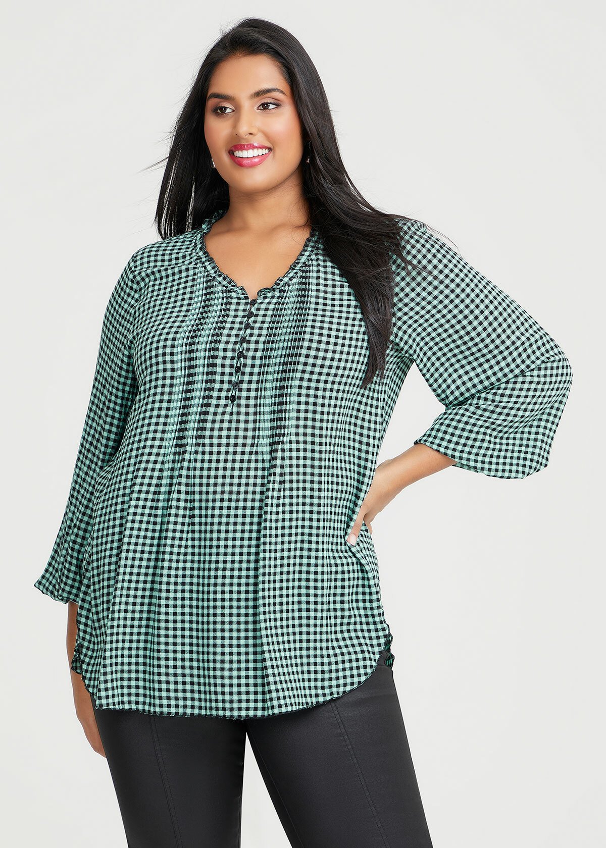 Shop Plus Size Natural Gingham Pintuck Top in Green | Taking Shape AU