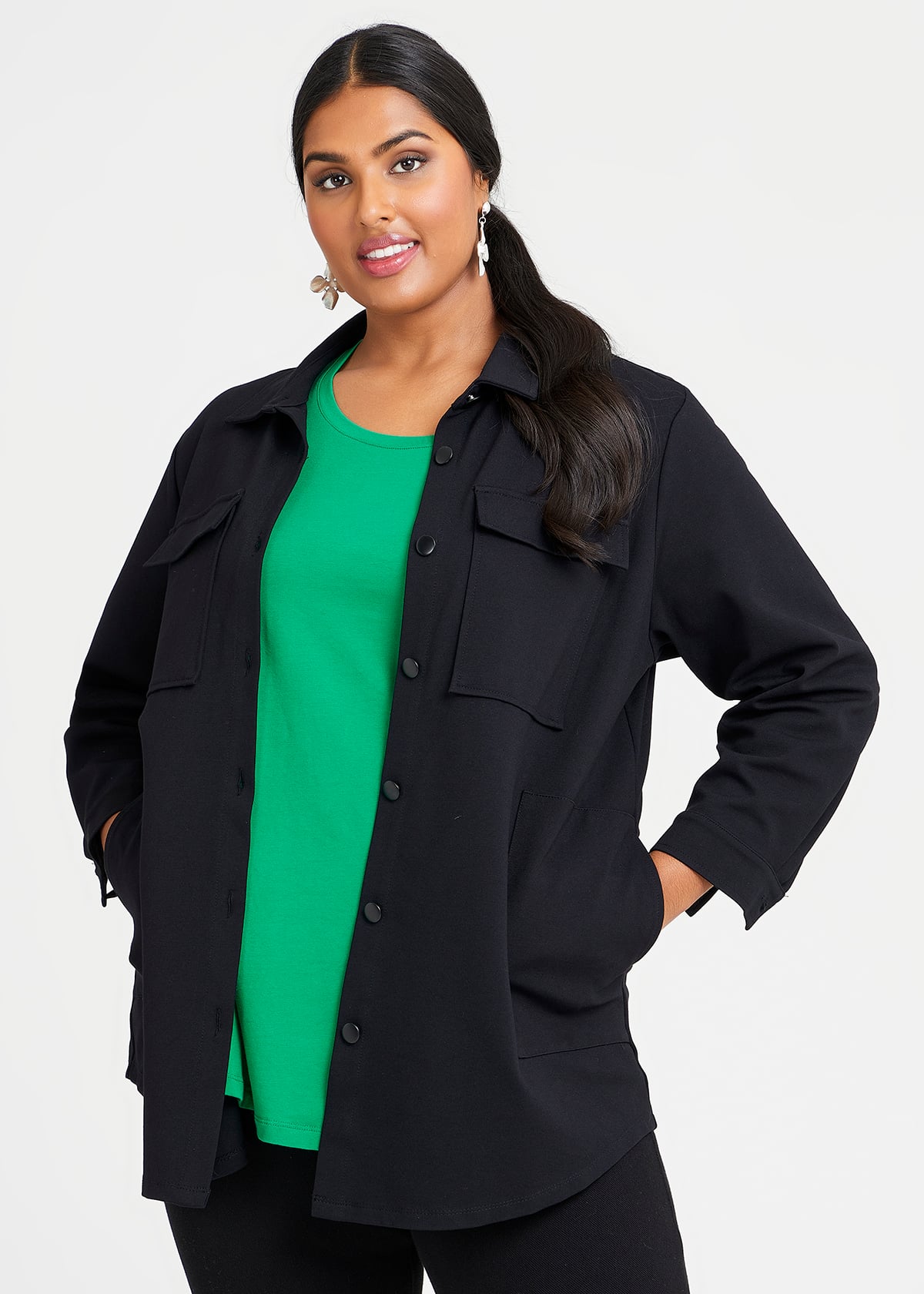Shop Plus Size Ponte Pocket Front Shacket, Black | Taking Shape AU
