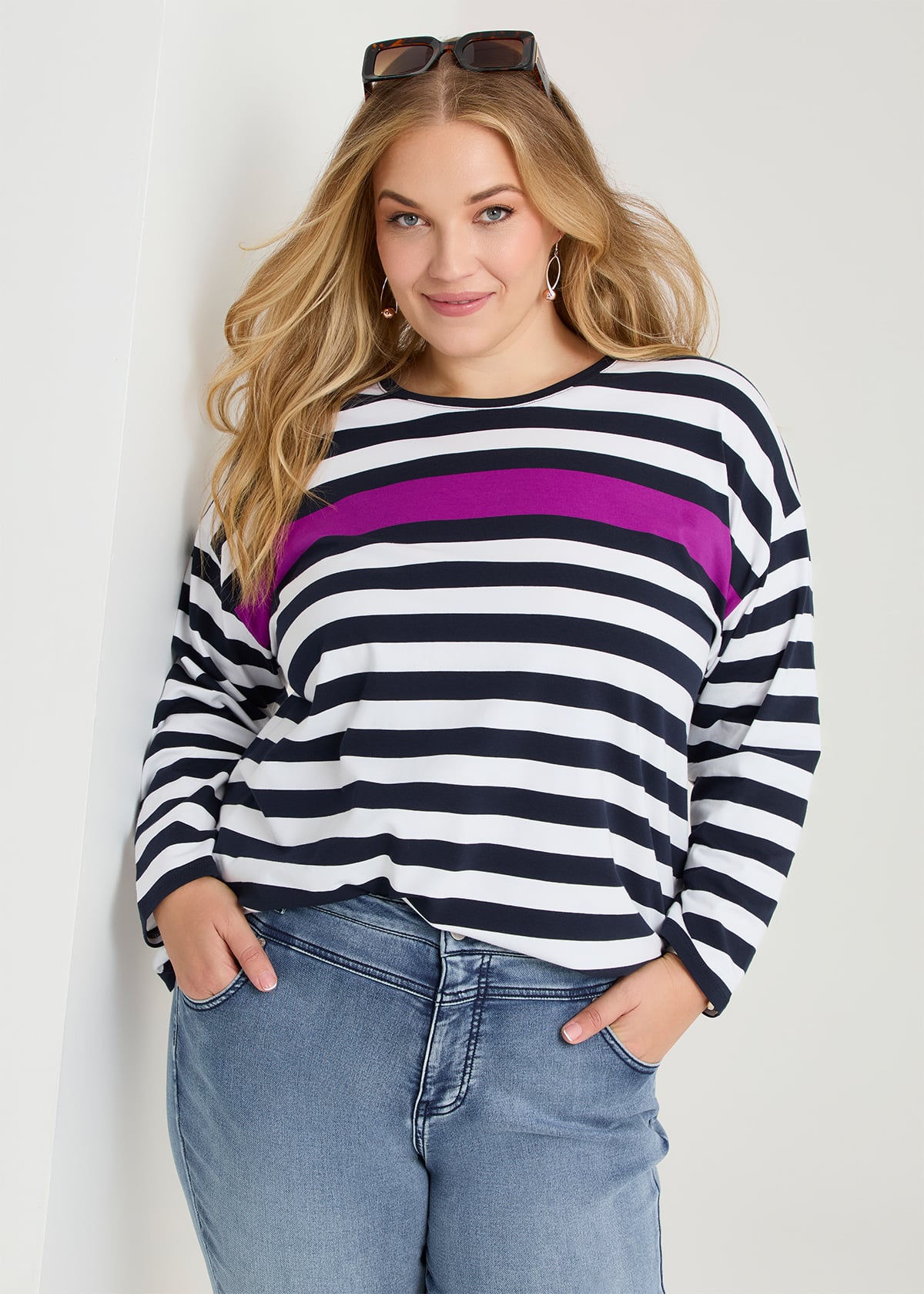 Taking Shape Cotton Colour Block Top Size 24 in Navy / White - Plus Size Women's Tops & T Shirts