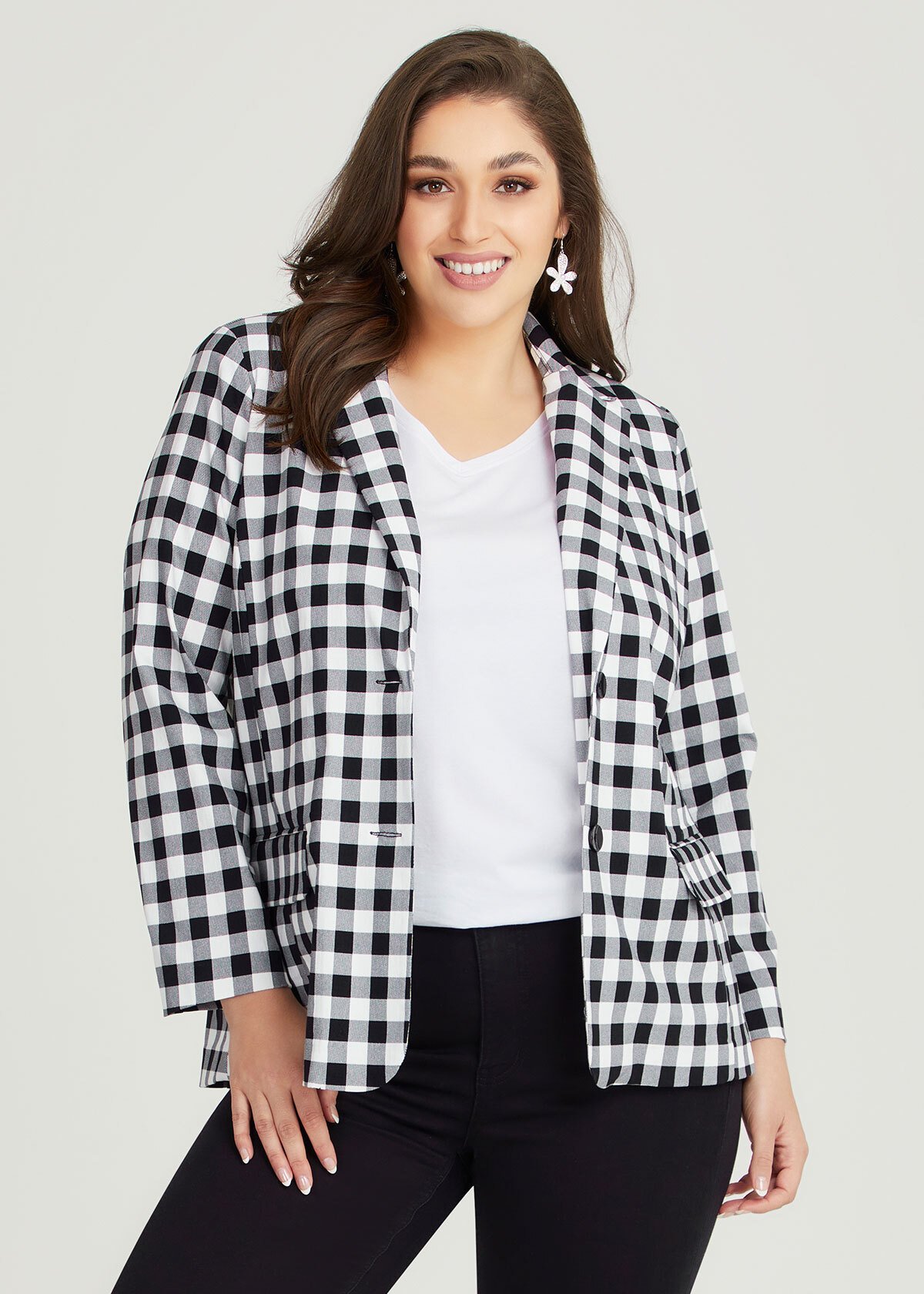 Shop Plus Size Stretch Gingham Relaxed Blazer, Black | Taking Shape AU