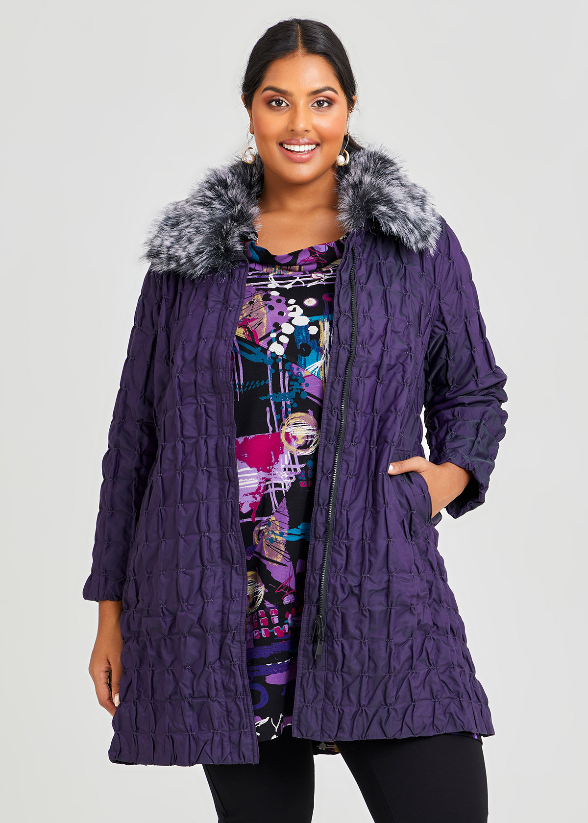 Shop Plus Size Fur Collar Taffeta Puffy Coat in Purple | Taking Shape AU