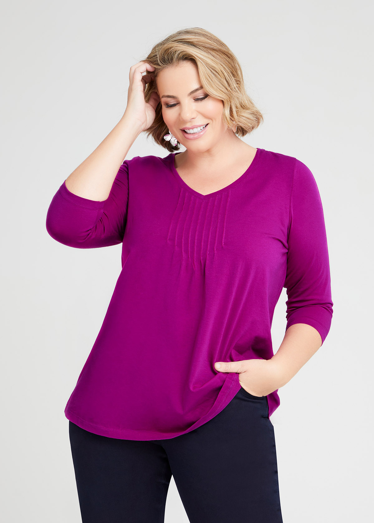 Shop Plus Size Organic Pintuck 3/4 Sleeve Top in Pink | Sizes 12-30 ...