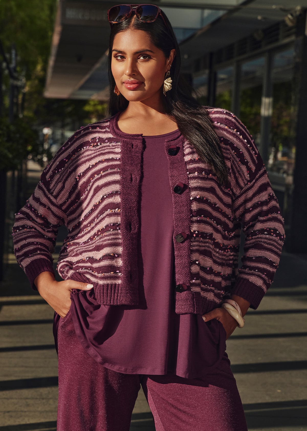 Taking Shape Ombre Stripe Button Cardigan Size 18-20 in Berry / TEA Rose - Plus Size Women's Cardigans