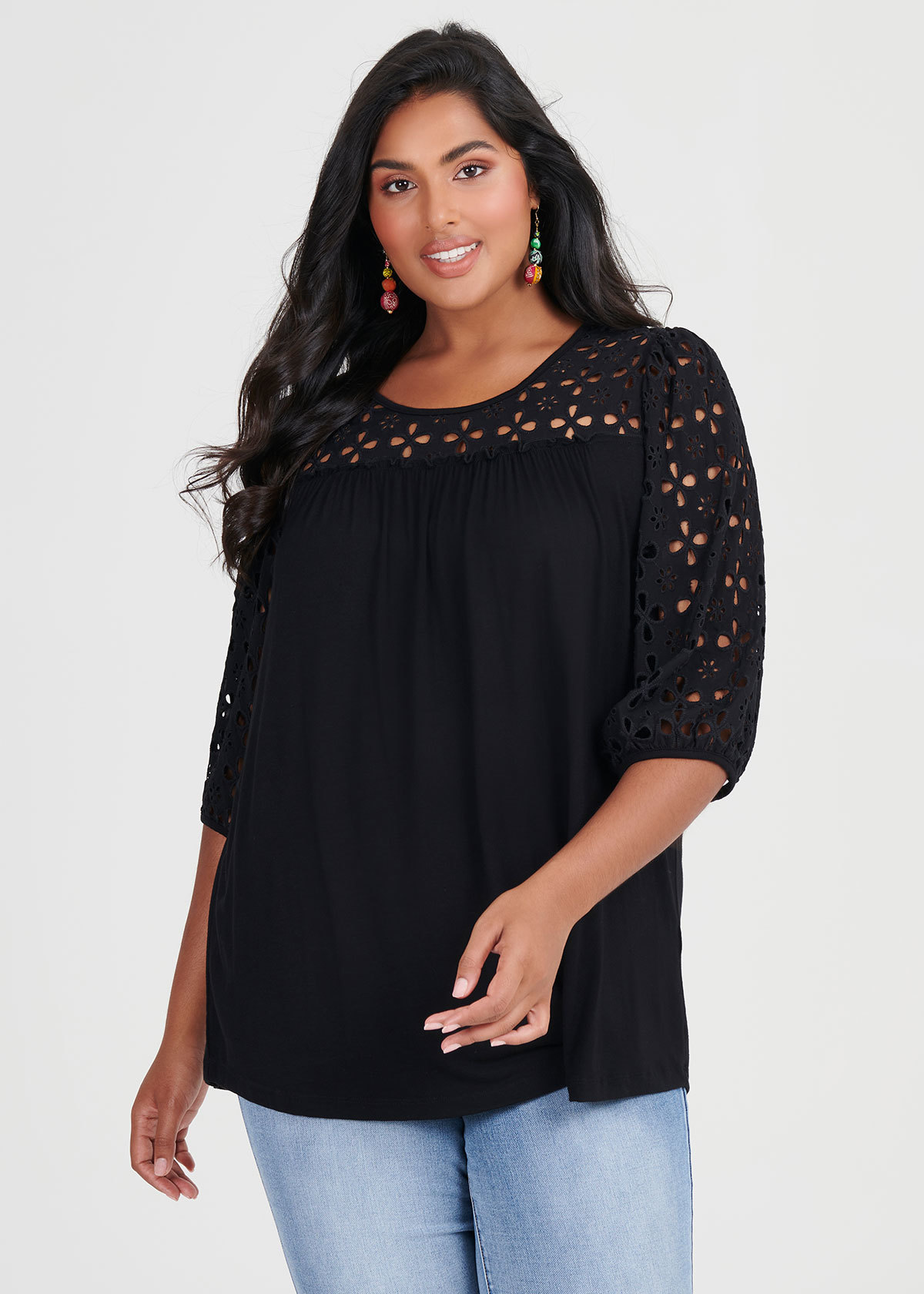 Shop Plus Size Bamboo Broderie Trim Top in Black | Taking Shape AU