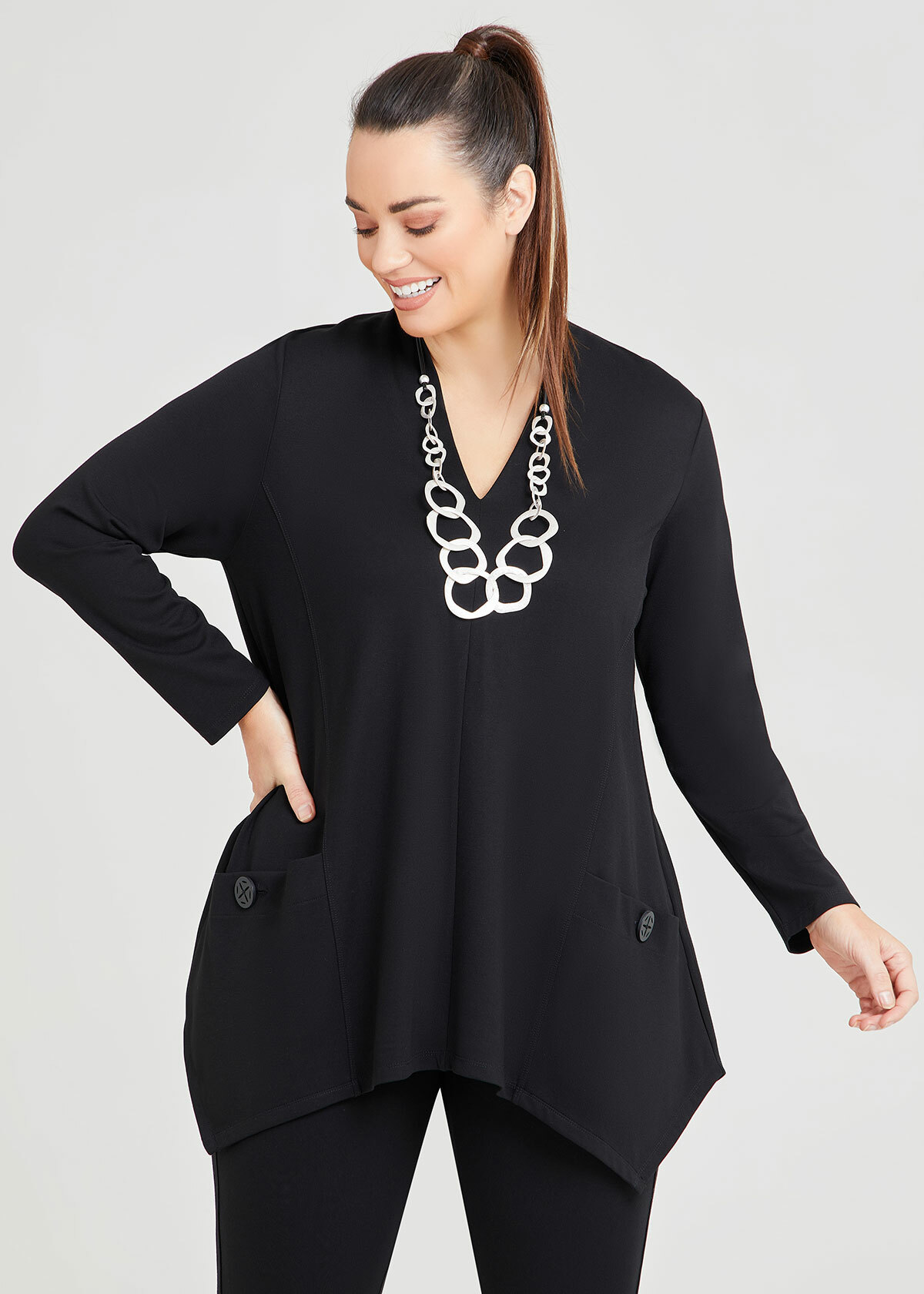 Shop Plus Size Ivy Bamboo Ponte Button Top in Black | Taking Shape AU