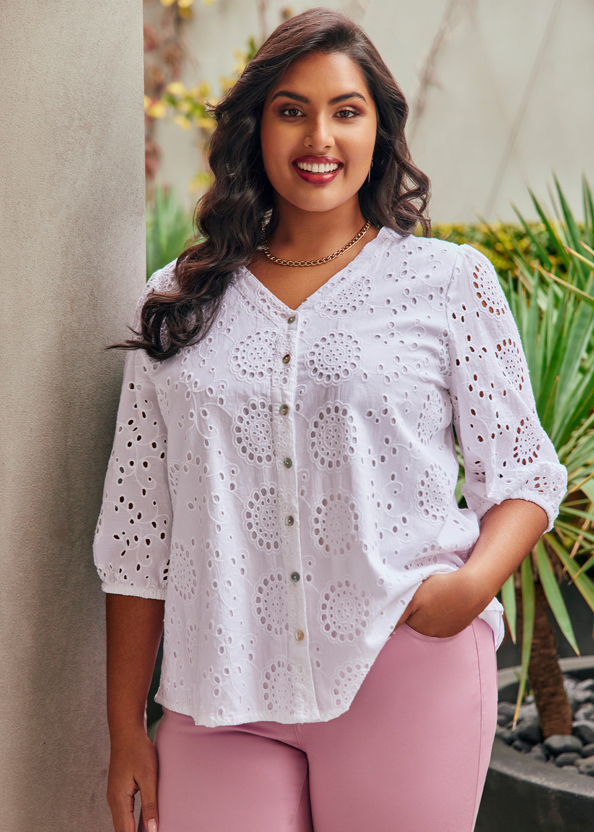 Shop Plus Size Cotton Broderie Button Top, White | Taking Shape AU