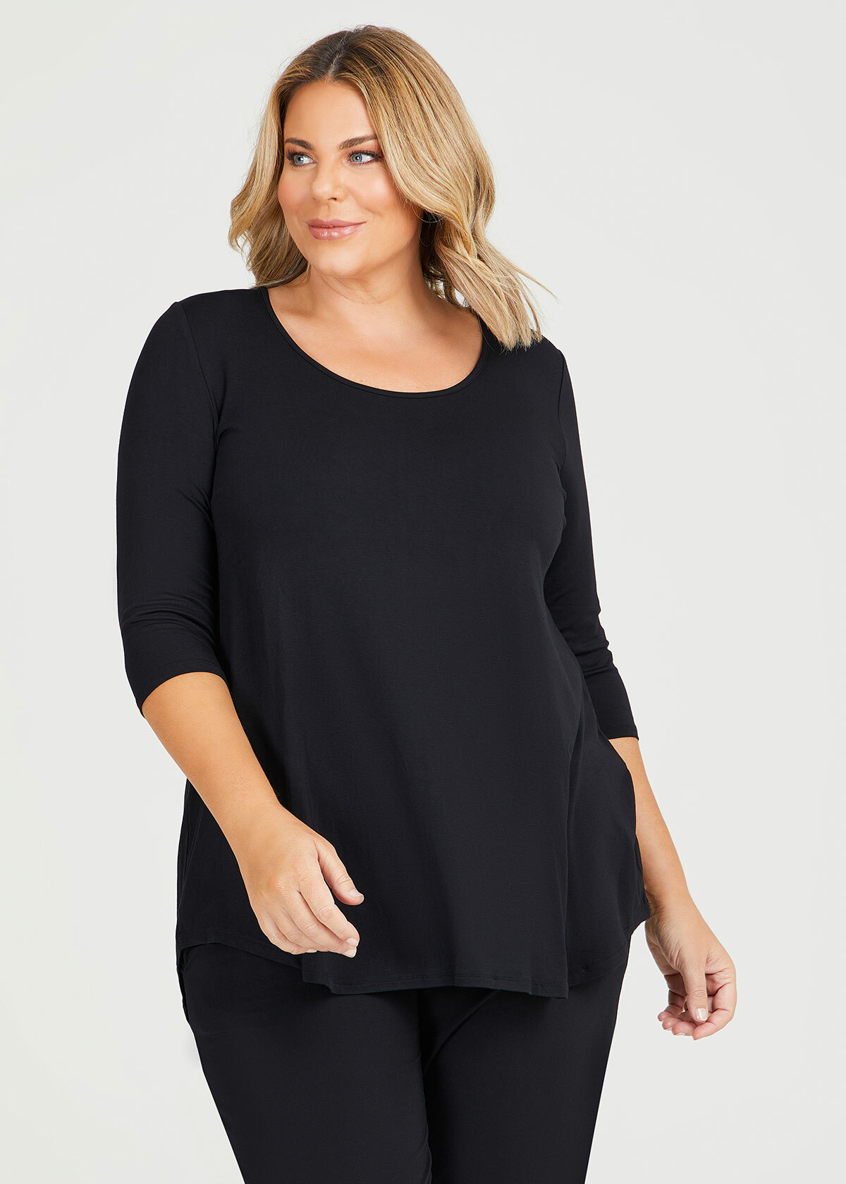 Shop Plus Size Bamboo Base 3/4 Sleeve Top in Black