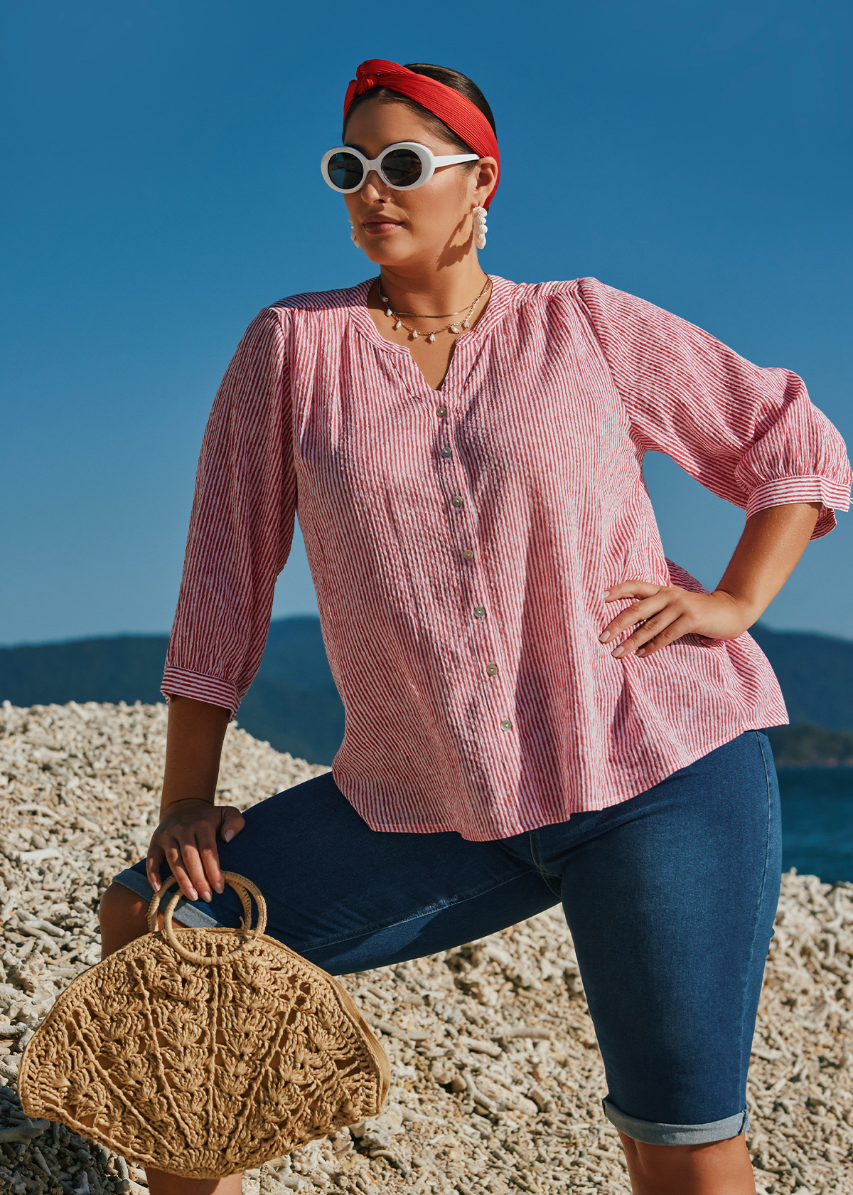 Taking Shape Cotton Stripe Button Top Size 16 in Racing RED / White - Plus Size Women's Tops & T Shirts