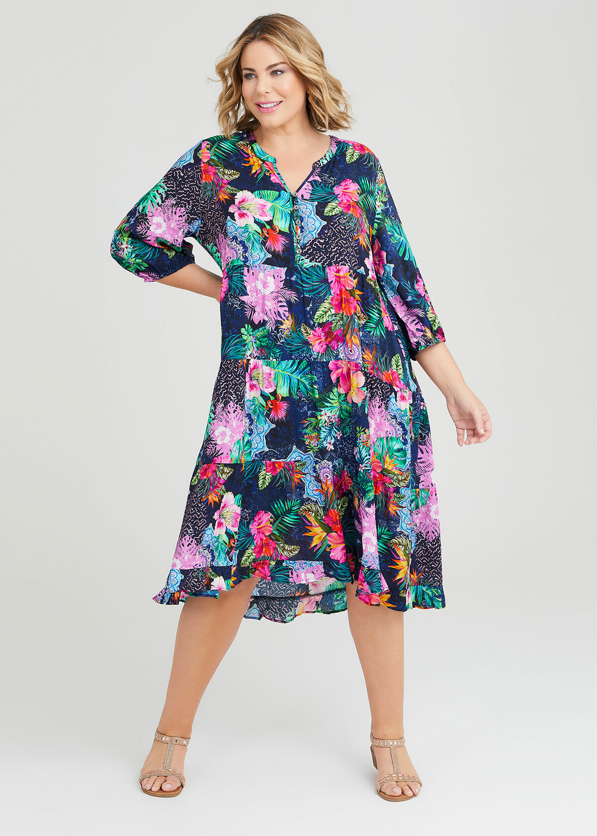 Shop Plus Size Natural Pattern Mix Tiered Dress in Multi | Sizes 12-30 ...