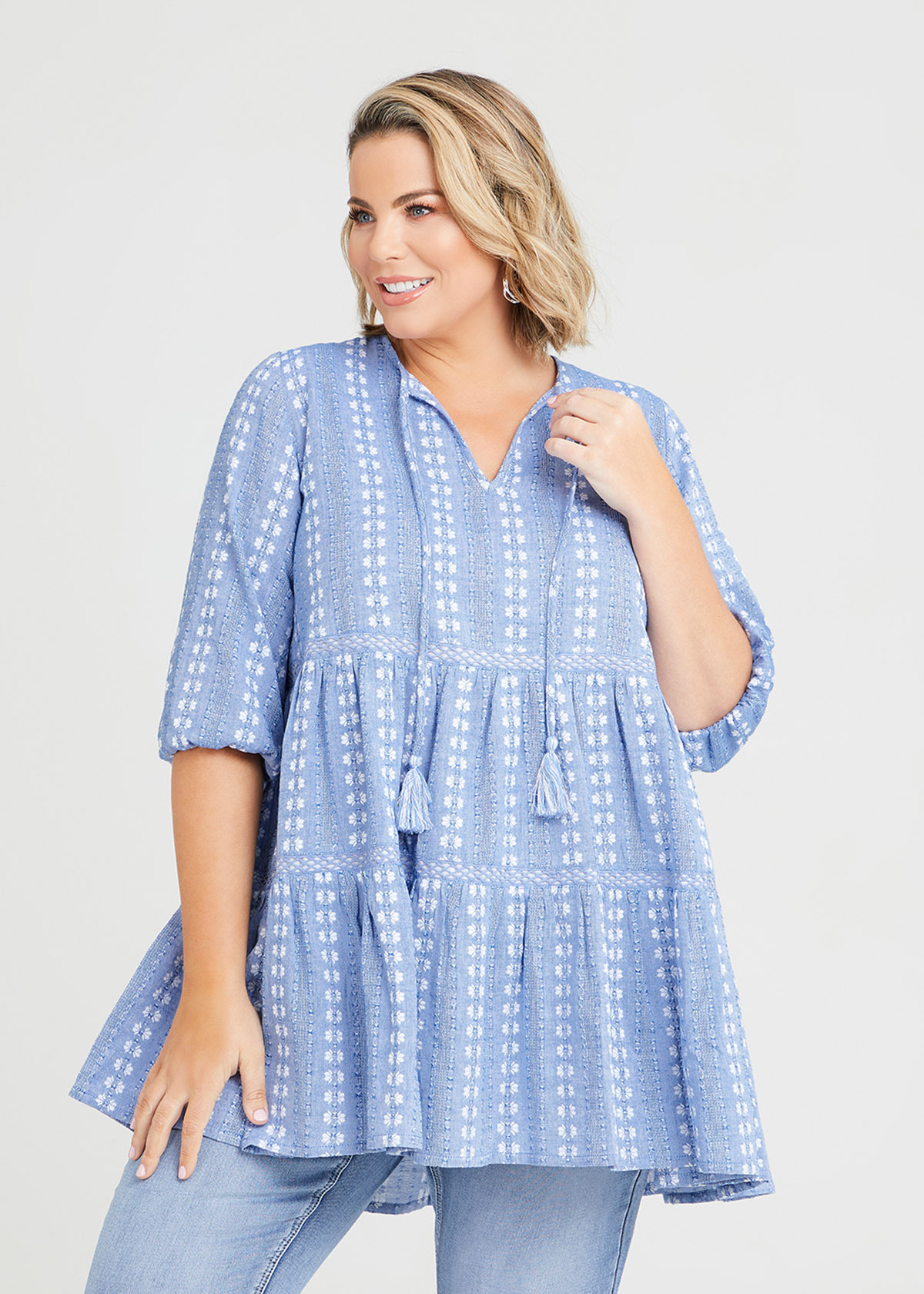 Shop Plus Size Cotton Jacquard Tunic in Blue | Taking Shape US Shop Plus Size Cotton Jacquard Tunic in Blue | Taking Shape US