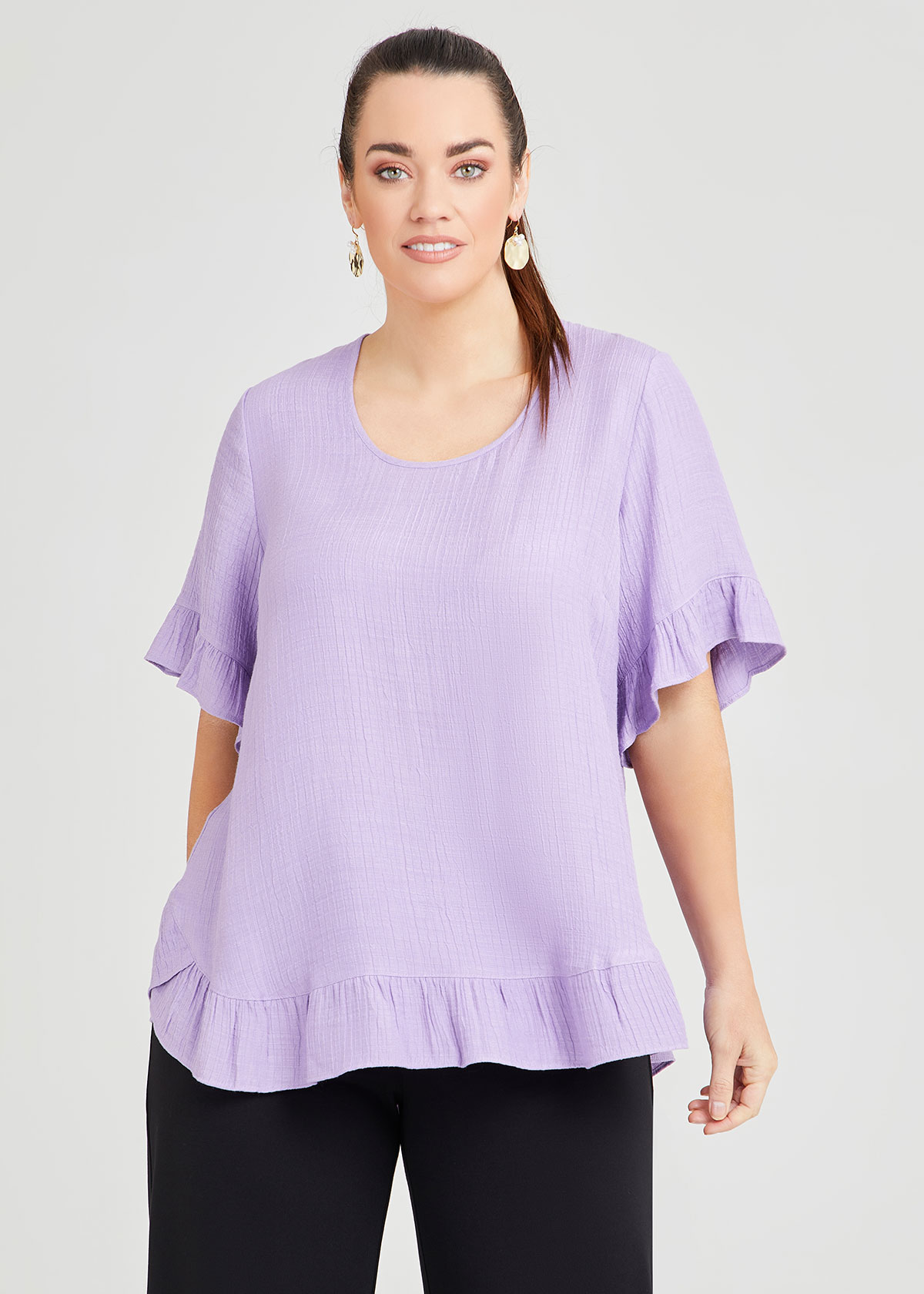 Plus Size Ruffle Top Shop Plus Size Ruffle Boho Natural Top, Purple | Taking Shape AU