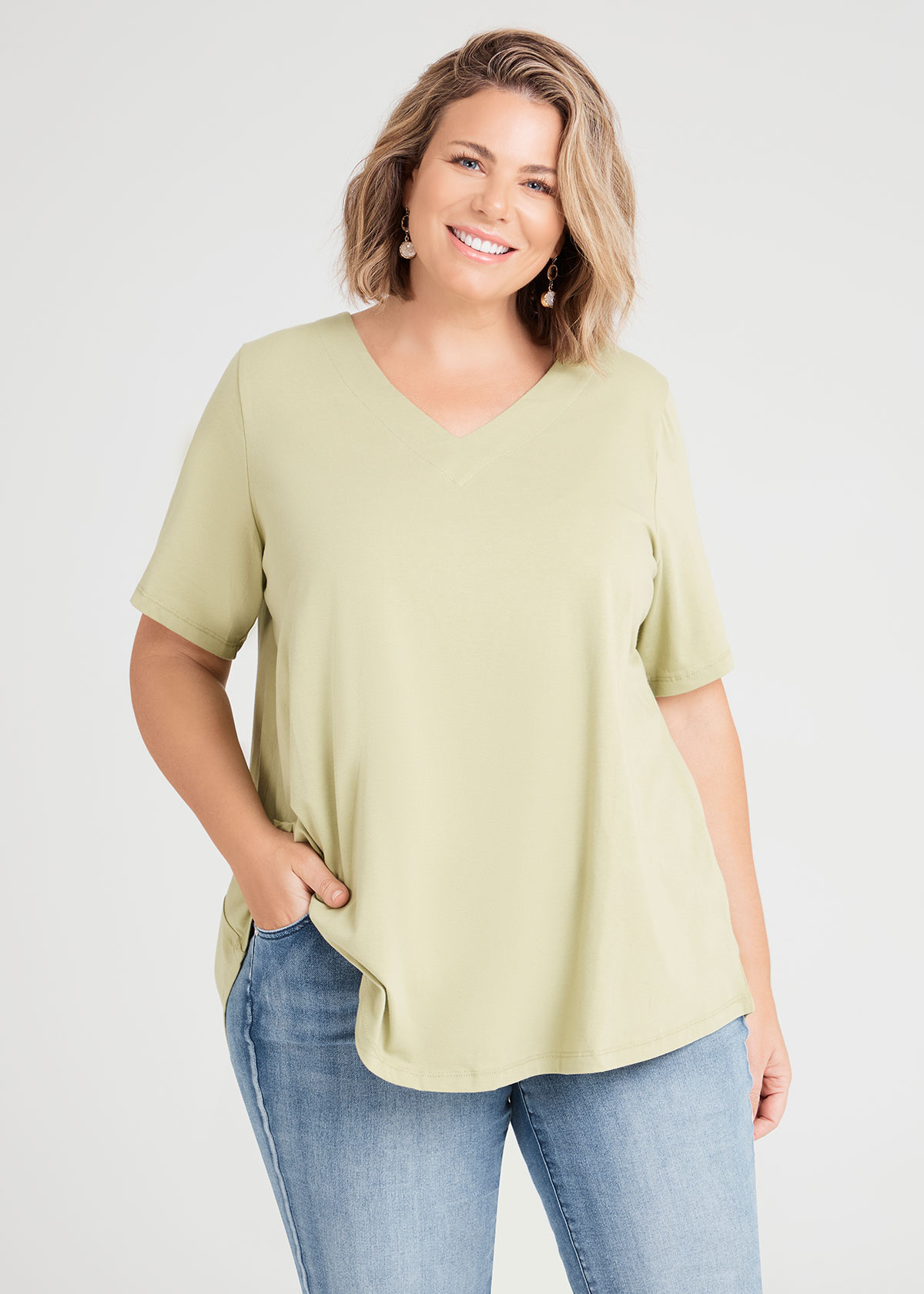 Shop Plus Size Organic V Neck Swing Basic Tee In Green Taking Shape Au 1931