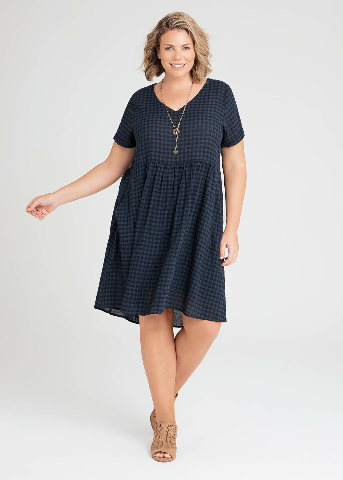 Shop Plus Size Cotton V-neck Gingham Dress in Navy | Taking Shape AU