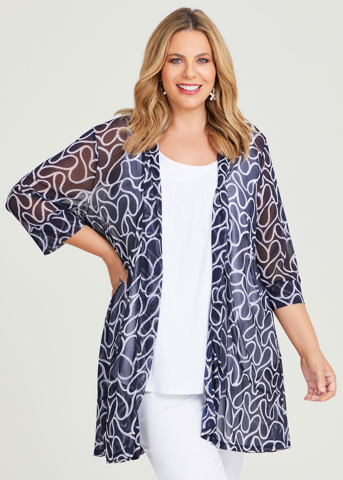 Shop Plus Size Swirl Mesh Long Cardigan in Blue | Taking Shape AU