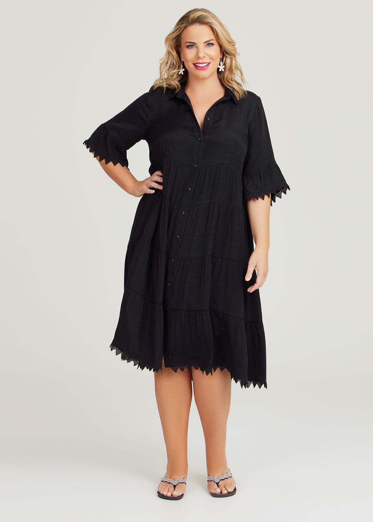 Shop Plus Size Natural Tiered Shirt Dress in Black | Sizes 12-30 ...