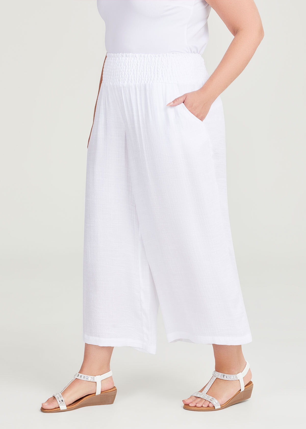 Shop Plus Size Shirred Waist Wide Leg Pant in White | Taking Shape AU