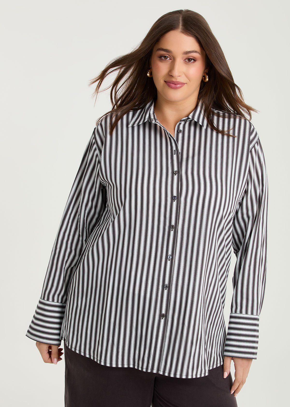 Taking Shape Cotton Blend Modern Stripe Shirt Size 26 in OFF White / Chocolate - Plus Size Women's Tops & T Shirts
