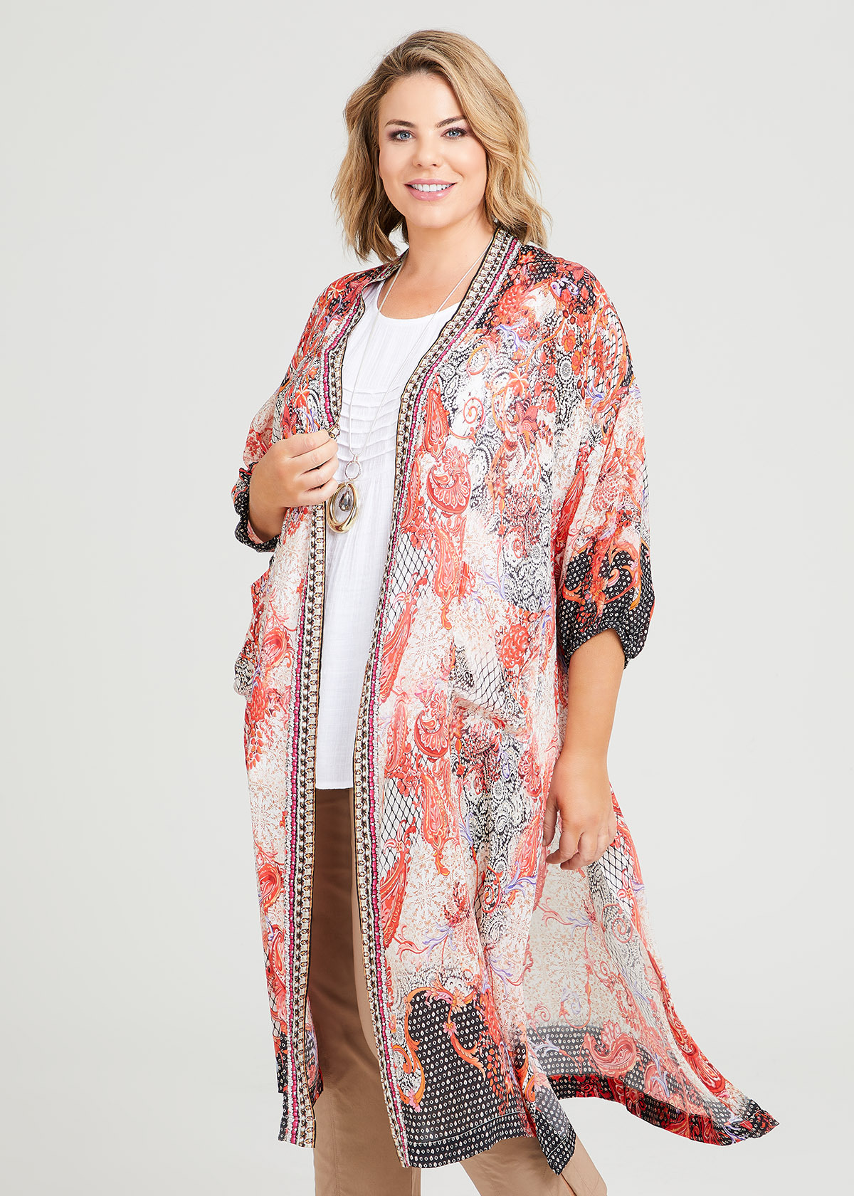 Shop Plus Size Natural Paisley Floral Kimono in Multi Taking Shape AU