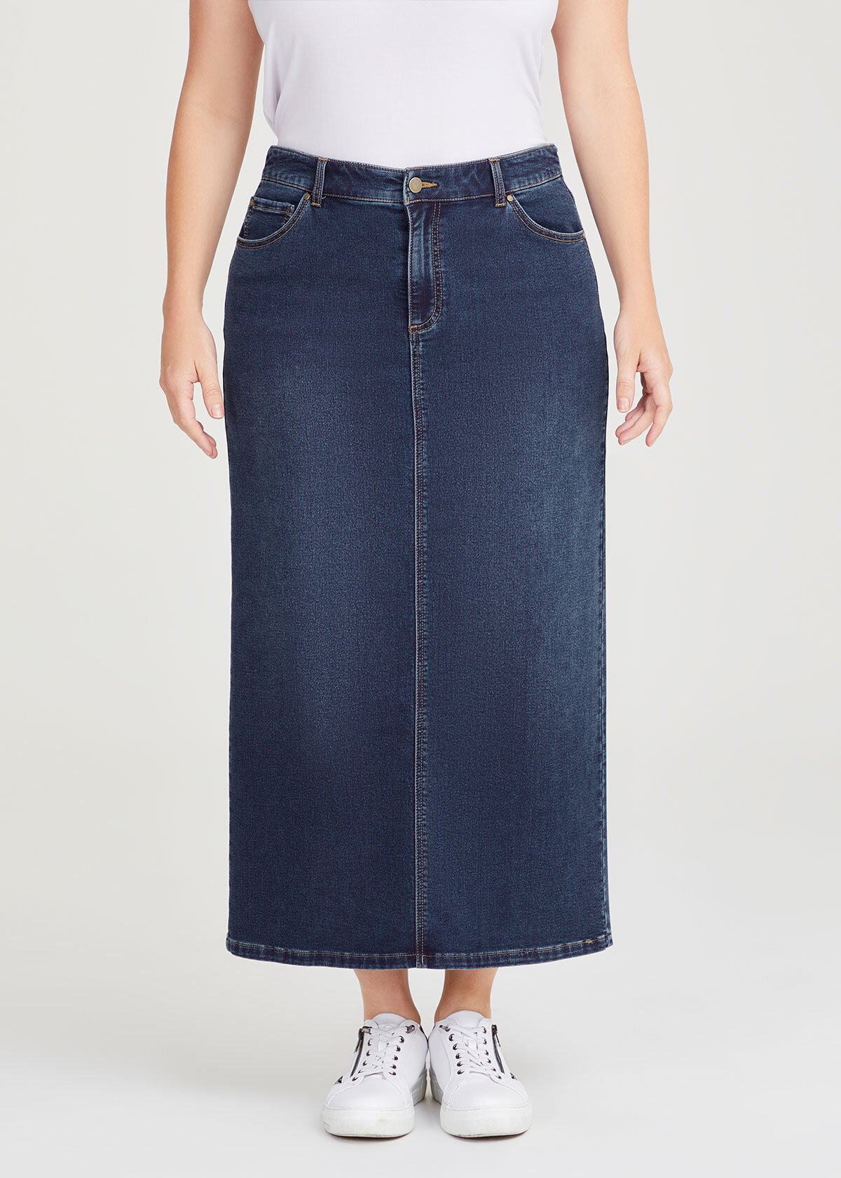 Shop Plus Size Split Back Denim Maxi Skirt in Blue Taking Shape AU