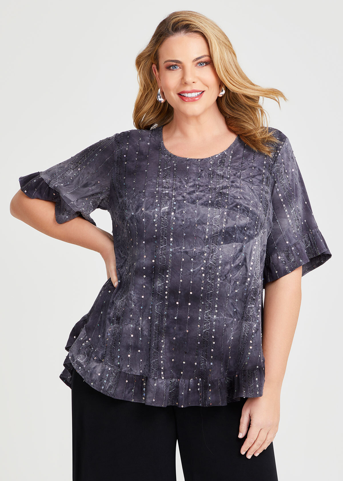 Shop Plus Size Salsa Sequin Ruffle Hem Top In Black Taking Shape Nz