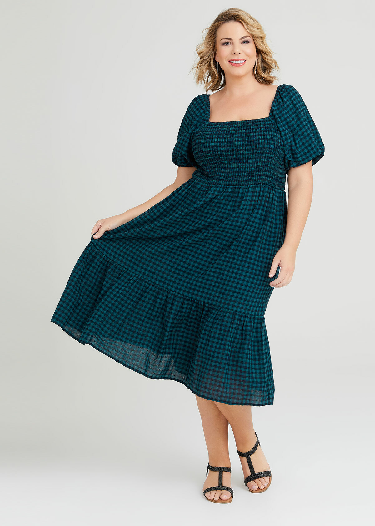 Shop Plus Size Cotton Blend Gingham Shirred Dress in Green | Taking ...